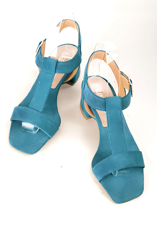 Peacock blue women's fully open sandals, with an instep strap. Square toe. Low flare heels. Top view - Florence KOOIJMAN